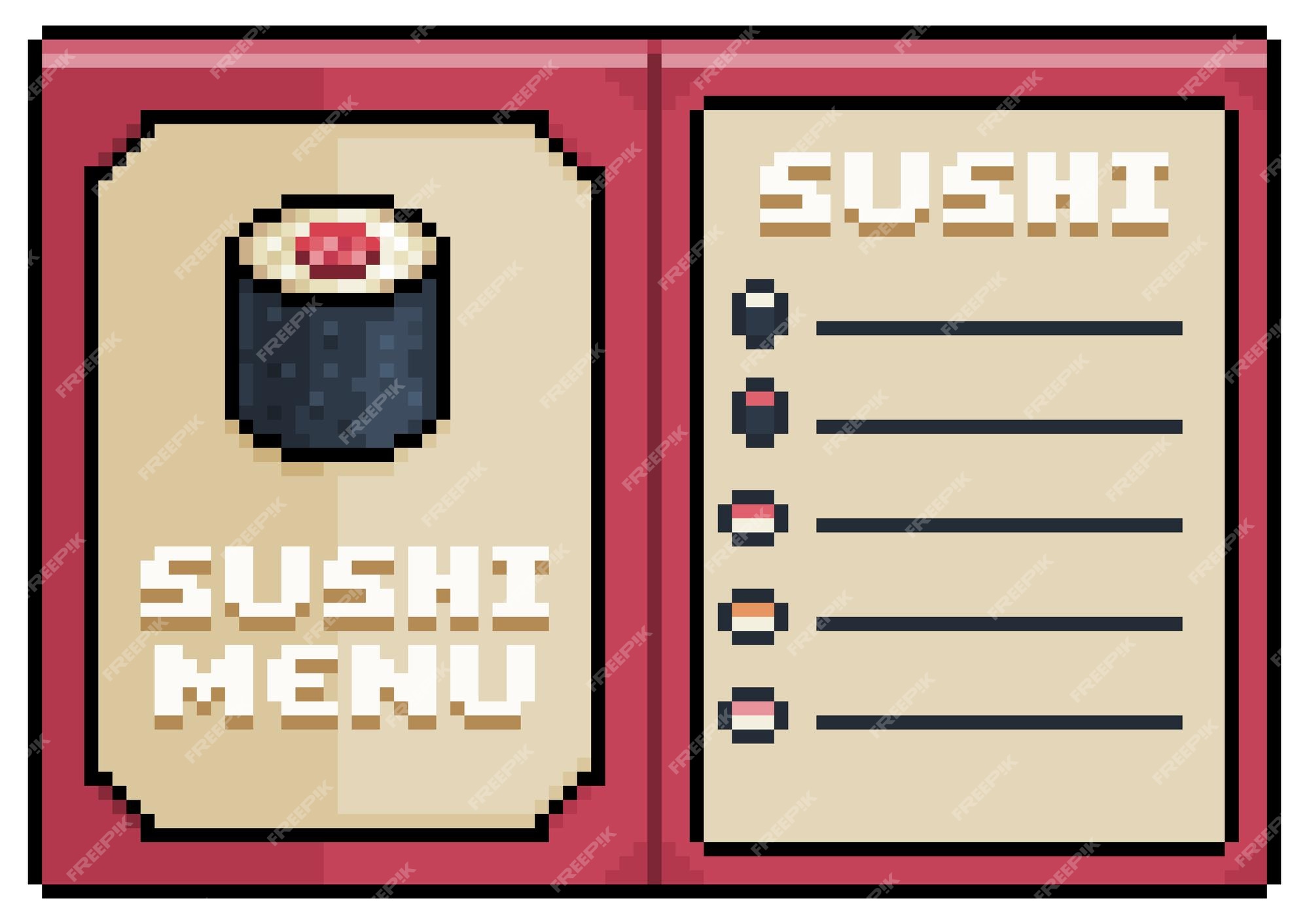 Pixel art toro nigiri sushi ícone de vetor de comida japonesa para jogo de  8 bits em fundo branco