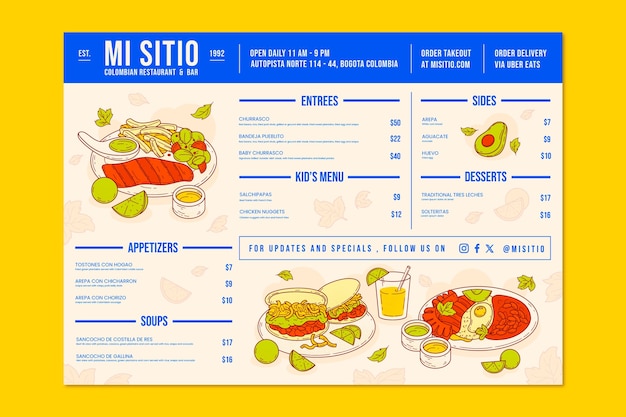 Vetor menu de comida latam de design plano