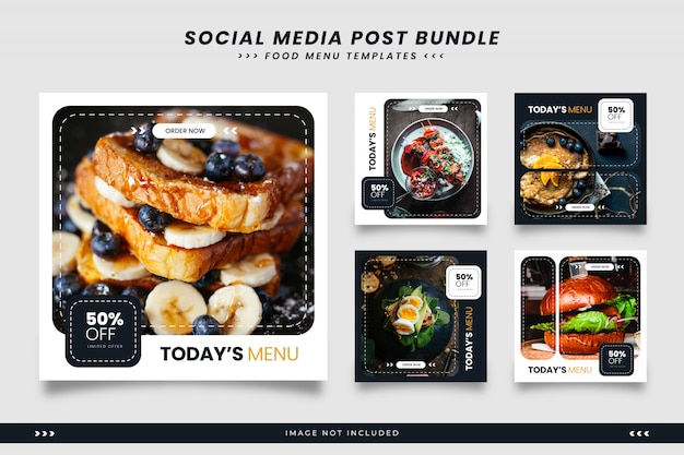 Menu de comida minimalista em preto e branco modelos de mídia social