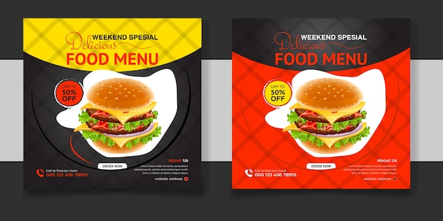 Vetor menu de comida restaurante design de postagem em mídia social delicioso post de promoção de mídia social de fast food