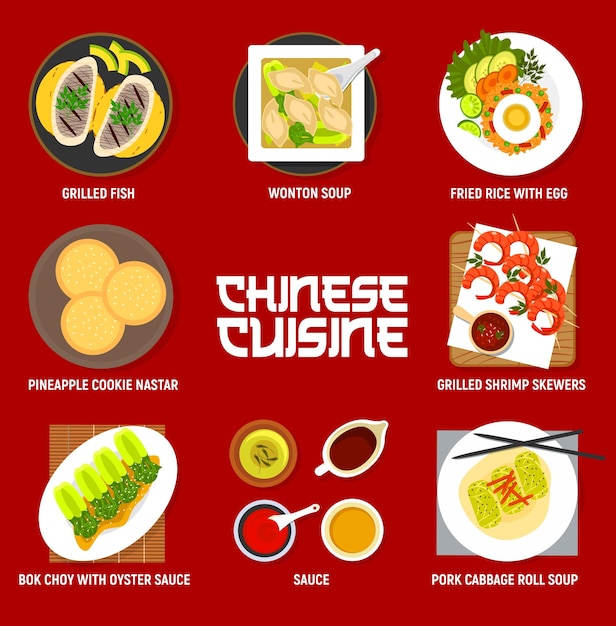 Menu de cozinha chinesa com pratos e pratos asiáticos