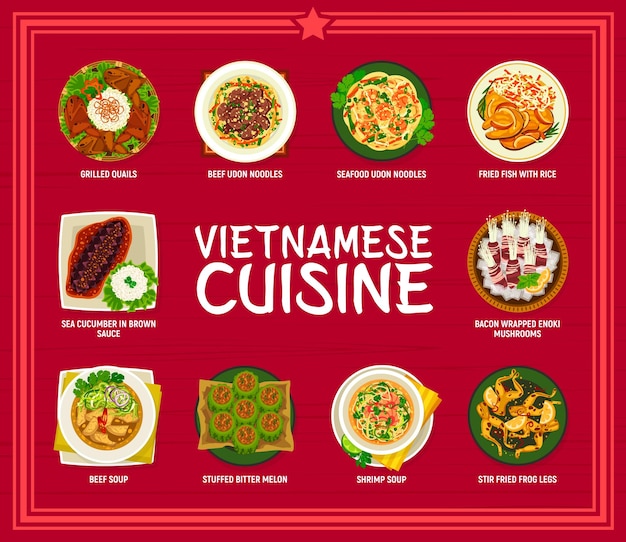 Menu de cozinha vietnamita com moldura de pratos asiáticos