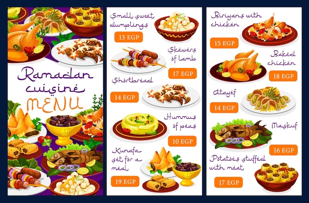 Vetor menu de culinária do ramadã, comida iftar e refeições islâmicas no eid mubarak