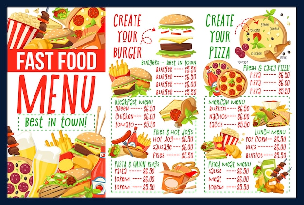 Vetor menu de fast-food com ingredientes de hambúrguer e pizza