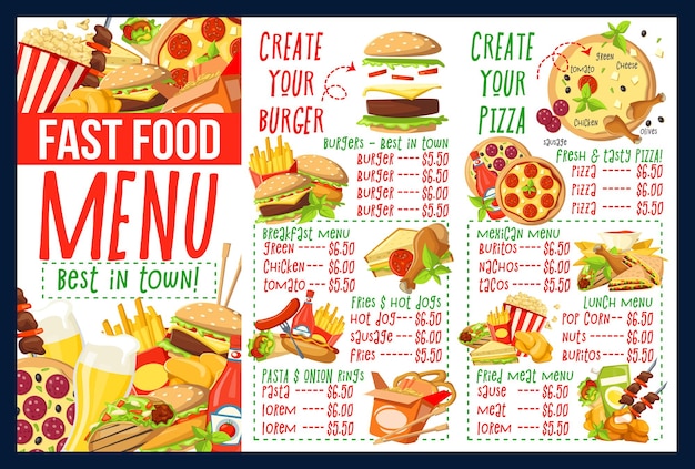 Menu de fast-food com ingredientes de hambúrguer e pizza