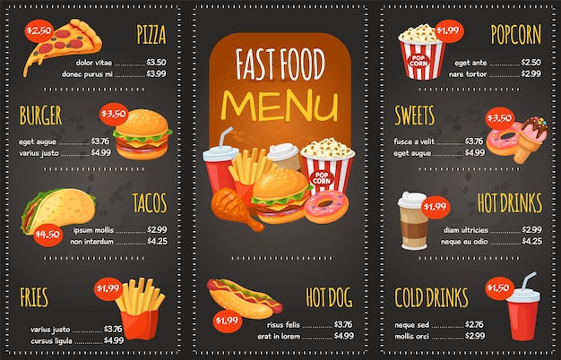 Vetor menu de fast-food pizza hambúrguer tacos fritas cachorro-quente doces pipoca e lanche de cola