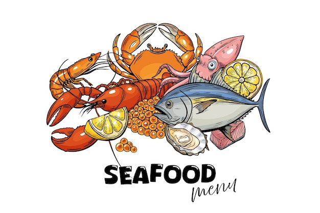Menu de frutos do mar desenho de linha vetor comida desenhada à mão ostra lagosta limão atum lula caviar