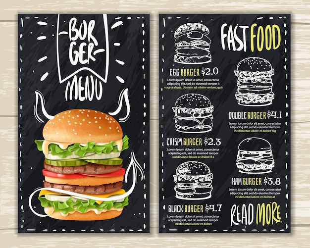Vetor menu de hambúrguer realista. menu de hambúrgueres fast-food em superfície de madeira