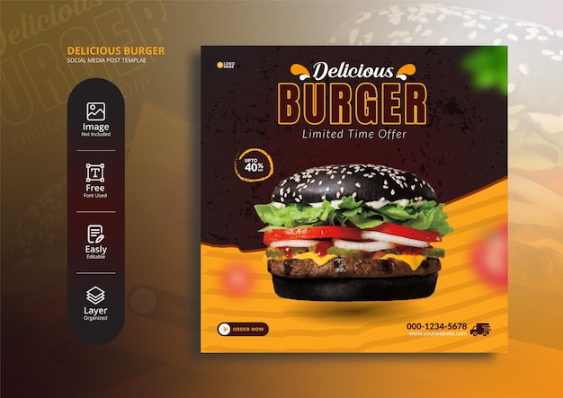 Vetor menu de hambúrgueres e alimentos deliciosos banner de mídia social ou design de modelo de postagem no instagram