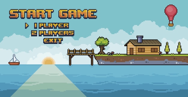 Menu de jogo de aventura de pixel art com deck de árvore de casa de ilha do mar fundo vetorial de 8 bits