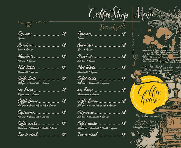 Vetor menu de lista de preços de café