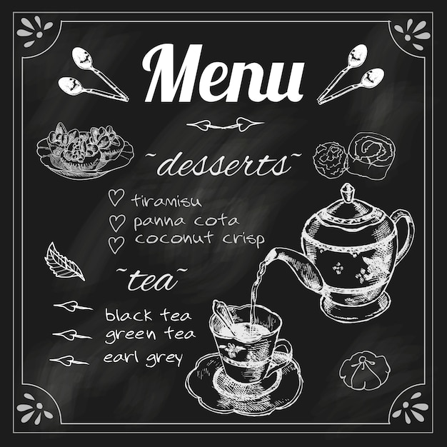 Menu de lousa de chá café para ervas pretas misturam bule com ilustração em vetor esboço giz de sobremesa