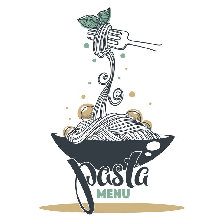 Vetor menu de massas, esboço desenhado à mão com composição de letras para seu logotipo, emblema, etiqueta