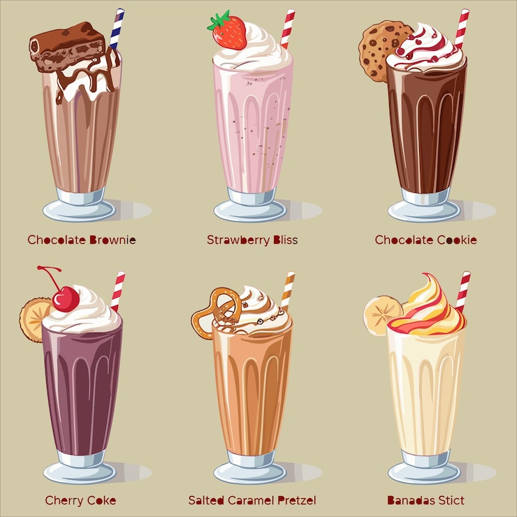 Vetor menu de milkshake com diferentes vetores de sabor