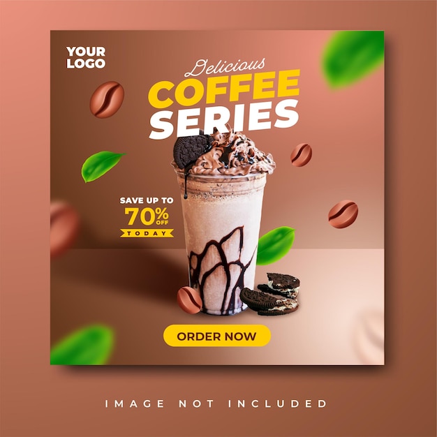 Menu de promoção de bebida do café. Modelo de banner de postagem de mídia social do Instagram com decoração de folhas e grãos de café