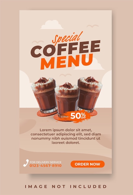 Menu de promoção de bebida do café. modelo de mídia social para histórias do instagram com fundo da natureza