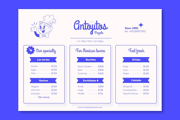 Menu de restaurante de design plano antojitos