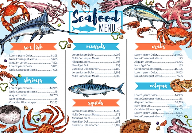 Menu de restaurante de frutos do mar, esboço de comida gourmet de peixe