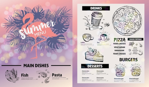 Menu de verão design de menu de comida de restaurante ilustrações desenhadas à mão folheto de comida vetorial