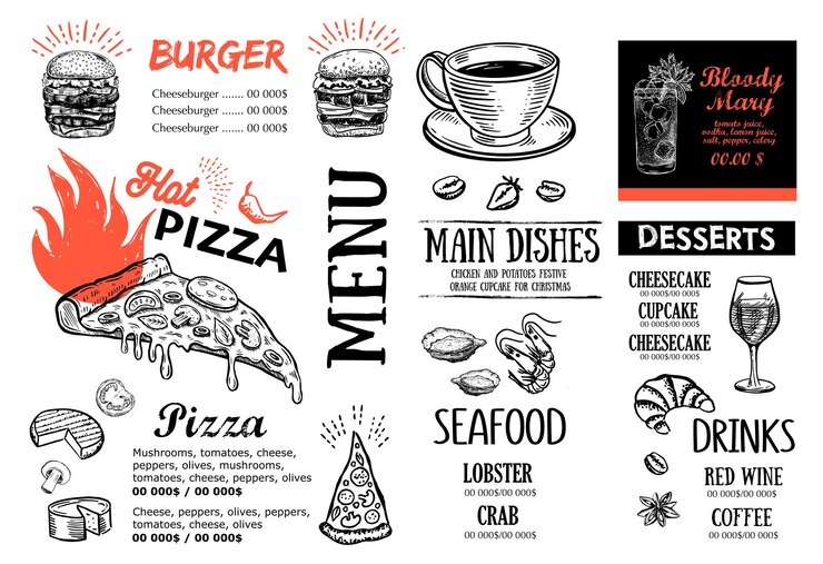 Vetor menu desenhado à mão para restaurante com hambúrguer, pizza, frutos do mar e bebidas