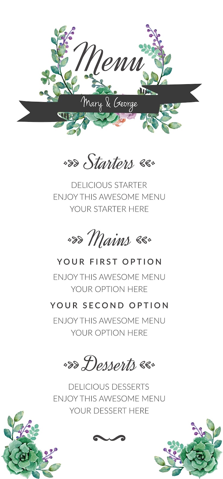 Vetor menu do casamento com flores da aguarela