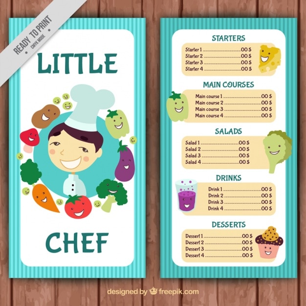 menu do restaurante com chef e vegetais