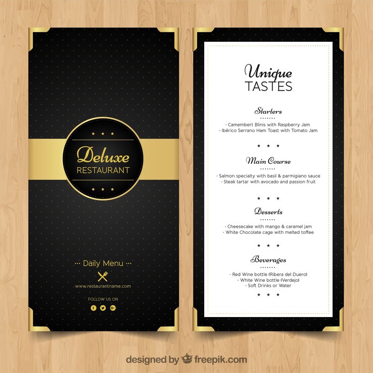 Vetor menu elegante para restaurante de luxo