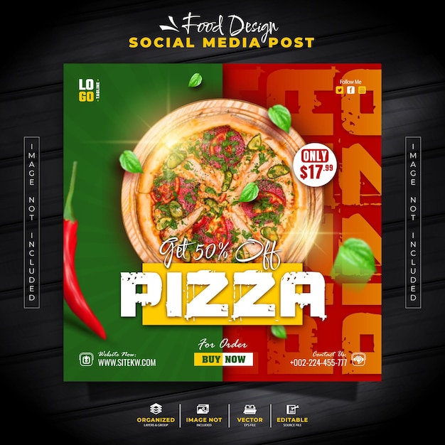Vetor menu especial de fast food de pizza post de mídia social e modelo de banner para promoção