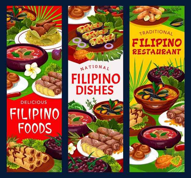 Vetor menu filipino banners pratos tradicionais