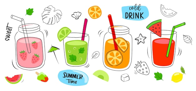 Vetor menu fixo de verão de bebidas tropicais bebidas frias com ilustração desenhada à mão