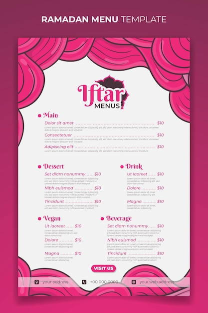 Vetor menu iftar do ramadã para festa iftar no jejum do ramadã em design feminino rosa desenhado à mão