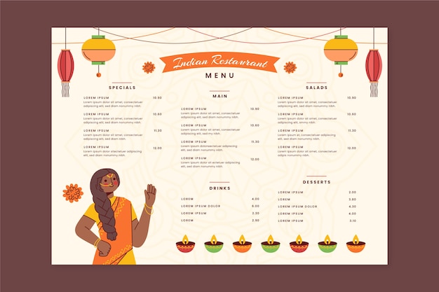 Menu indiano de design plano desenhado à mão