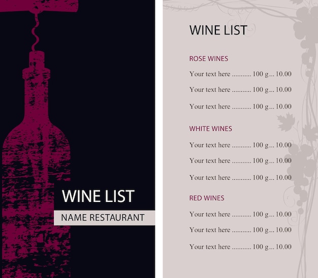 Vetor menu para bar de vinhos