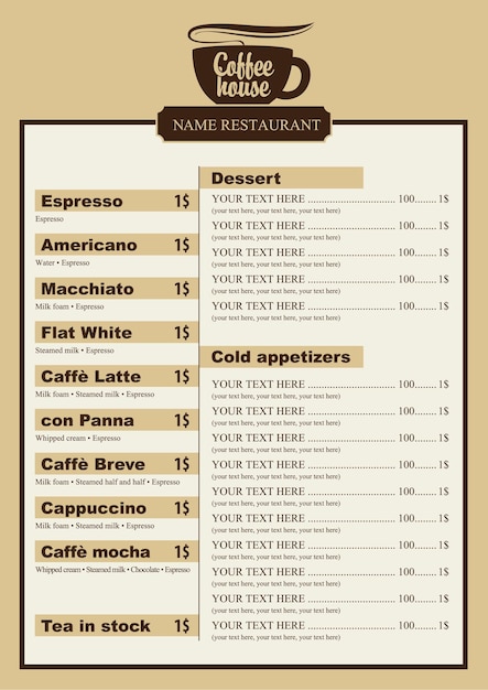 Vetor menu para café com xícara de café