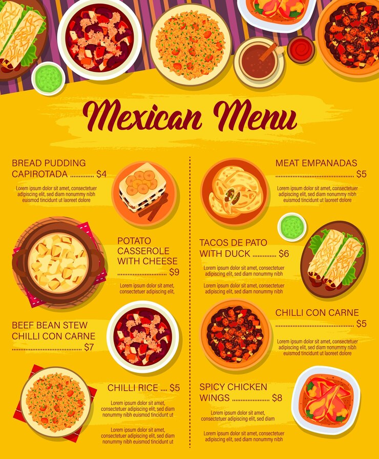 Vetor menu vetorial de culinária mexicana refeições do méxico