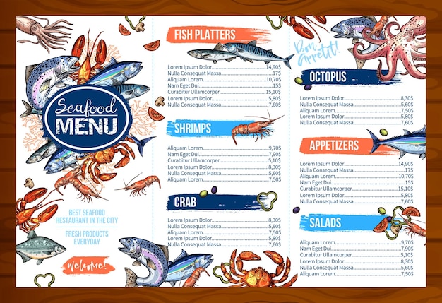 Menu vetorial para restaurante de frutos do mar ou peixe