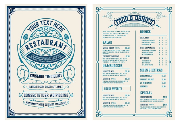 Vetor menu vintage com ornamentos clássicos e premium