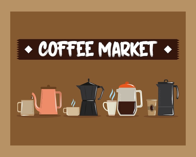 Mercado de café, diferentes maneiras de fazer ilustração vetorial de bebida energética quente