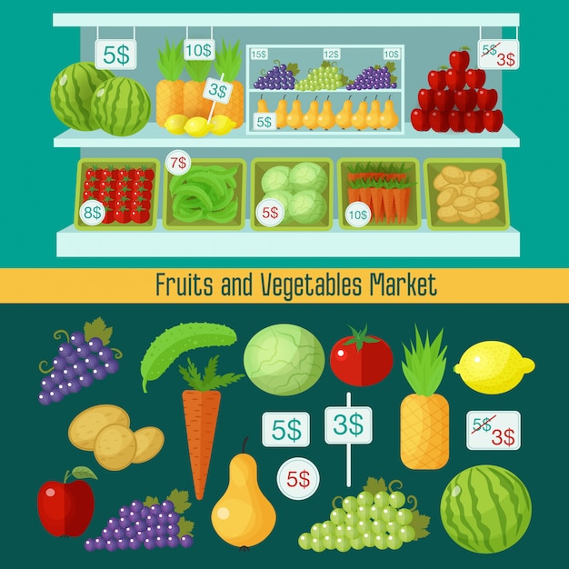 Vetor mercado de frutas e legumes. conceito de alimentação saudável