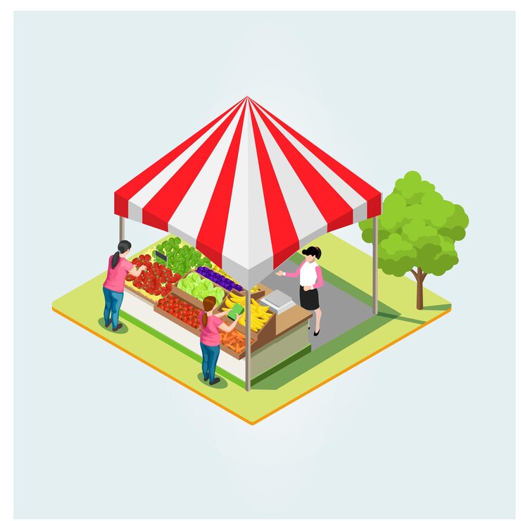 Vetor mercado local de produtos isométricos. agricultores vendem produtos agrícolas naturais saudáveis em recipientes ao ar livre