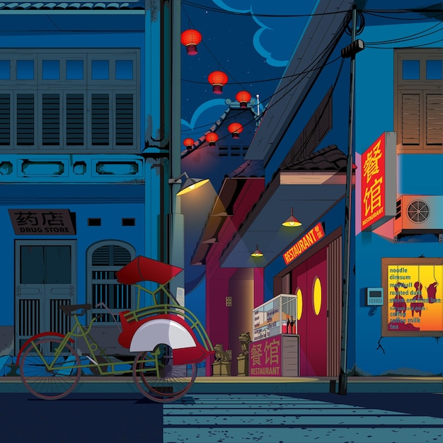 Mercado tradicional de chinatown na ilustração da noite