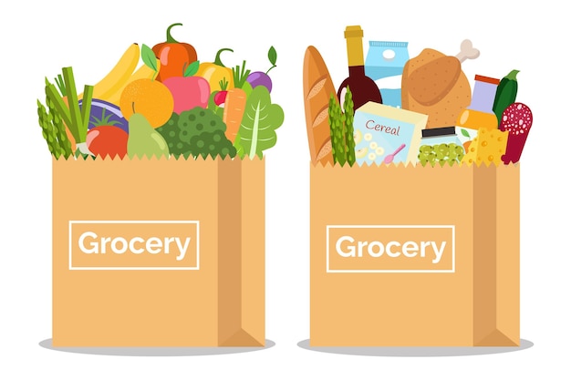 Mercearia em um saco de papel e vegetais e frutas em um saco de papel Ilustração vetorial Design plano