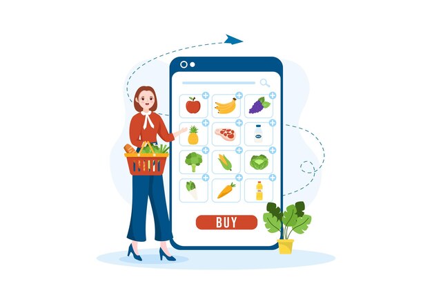 Mercearia ou supermercado on-line para encomendar necessidades diárias ou alimentos através do aplicativo na ilustração