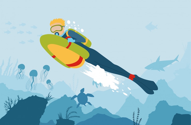 Vetor mergulhador com mar bob explora o fundo do mar.