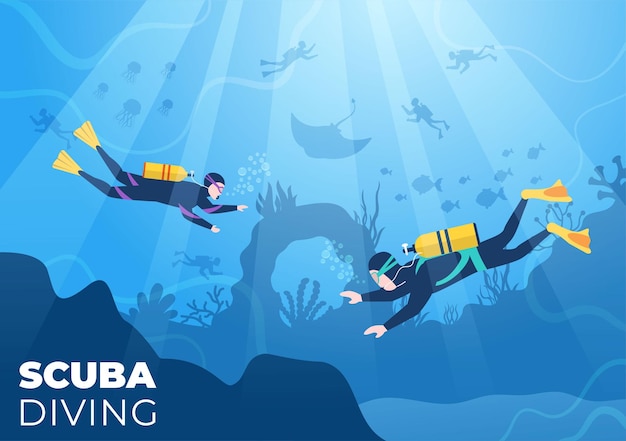Mergulho com equipamento de natação subaquática para explorar o mar em ilustração plana dos desenhos animados
