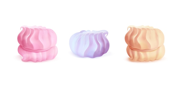 Meringue Realista zephyr marshmallow ou whip cream sobremesas francesas chocolate glazeado cremoso aspersão de cobertura para bolos de pastelaria meringues naturais ilustração vetorial exata 3d