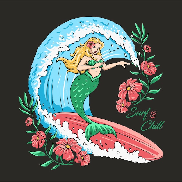 Mermaid Surfing na ilustração desenhada à mão tropical de verão nas vibrações do havaí