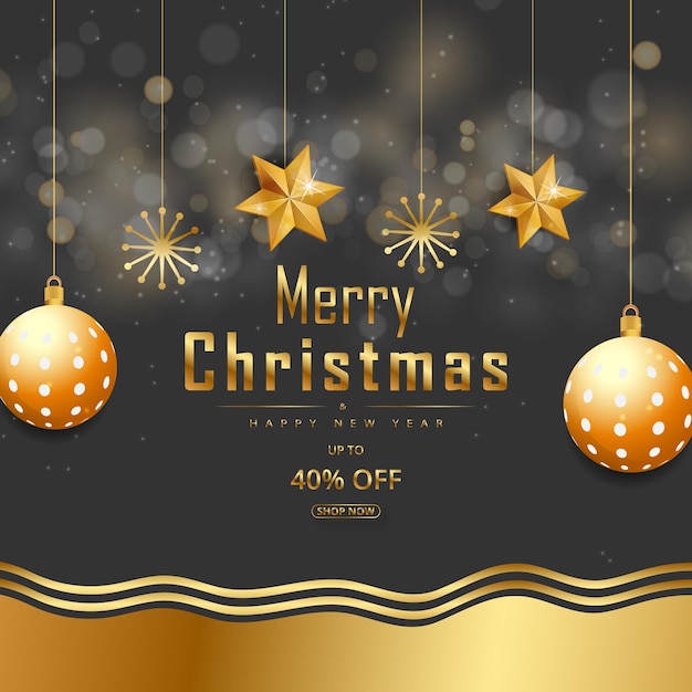 Vetor merry christmas black background banner oferta de promoção com elementos realistas de natal premium