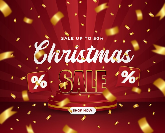 Vetor merry christmas sale flayer red and gold podium 3d gold confetti