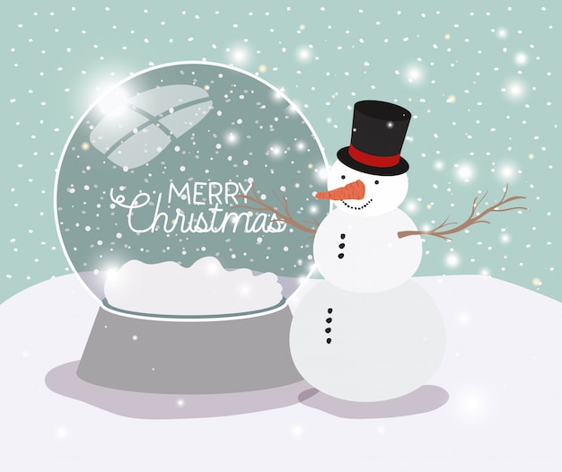 Mery cartão de natal com boneco de neve e esfera